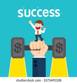 Big helping hand lifting up weight of money with businessman, success concept money