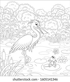 Big heron and a small frog on a lake among cane, grass and bushes of a summer meadow, black and white vector cartoon illustration for a coloring book