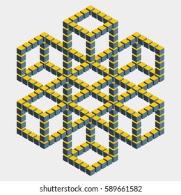 Big hexagonal construction with many cube blocks. Isometric building with mental trick. Visual paradox maze. Optical illusion of brain. Symbol with three-dimensional effect. 3d design. Imp art. 