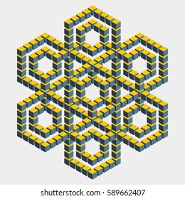 Big hexagonal construction with many cube blocks. Isometric building with mental trick. Visual paradox maze. Optical illusion of brain. Symbol with three-dimensional effect. 3d design. Imp art. 