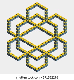Big hexagonal construction with many cube blocks. Isometric building with mental trick. Visual paradox maze. Optical illusion of brain. Symbol with three-dimensional effect. 3d design. Imp art. 