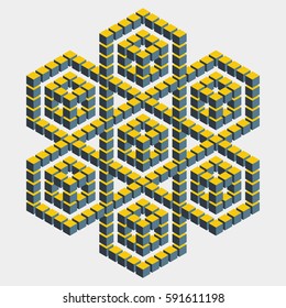 Big hexagonal construction with many cube blocks. Isometric building with mental trick. Visual paradox maze. Optical illusion of brain. Symbol with three-dimensional effect. 3d design. Imp art. 