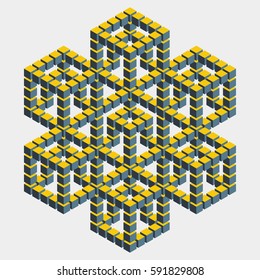 Big hexagonal construction with many cube blocks. Isometric building with mental trick. Visual paradox maze. Optical illusion of brain. Symbol with three-dimensional effect. 3d design. Imp art. 