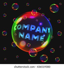 Big High Contrast Soap Bubble with Place for Your Text. Soap Bubble Logo Concept. Vector Illustration. Many Realistic Rainbow Bubbles on Black Background.