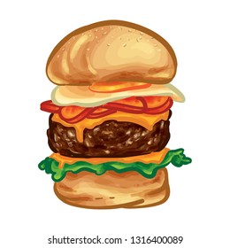 Big High Delicious Stacked Burger Vector Illustration