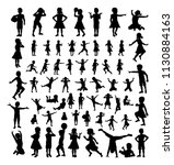 A big high quality detailed set of kids or children in silhouette playing and having fun