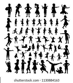 A big high quality detailed set of kids or children in silhouette playing and having fun