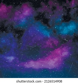 Big high resolution deep space panorama with stars, meteors, milky way, pink, purple and violet nebula on it. Beautiful universe background for your work and design. Vector illustration.