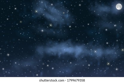 Big high resolution night sky with stars, moon, milky way, nebula on it. Deep space universe background for your work and design. Vector illustration.