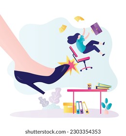 Big high-heels shoes kick dismissal worker. Boss fired female employee from company. Jobless troubles, staff reduction. Businesswoman dismissed from work, empty workplace. Office interior. flat vector
