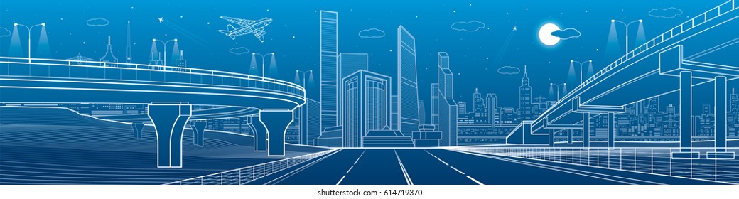 Big highway. Automobile overpasses, infrastructure and city panorama, airplane fly, night town, towers and skyscrapers, urban scene, vector design art