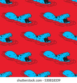 Big Hippo hippopotamus Seamless Vector Pattern Red Blue