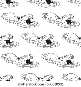 Big Hippo hippopotamus Seamless Vector Pattern White