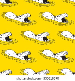 Big Hippo hippopotamus Seamless Vector Pattern Yellow