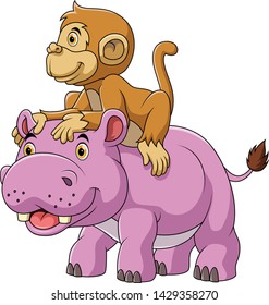 big hippo smiling and cute monkey 