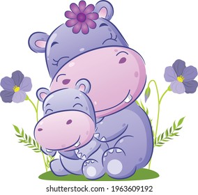 The big hippopotamus is sitting behind her baby in the garden of illustration