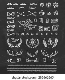 Big hipster set. Hand draw on chalkboard. Vector illustration.