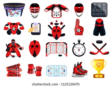 Big hockey sport set. Modern flat cartoons style vector illustration icons. Isolated on ice, blue. Hockey. Hockey equipment. Sport accessories: protection, goalkeeper,skates,fan,gate,cup,wear,gloves.