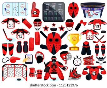 Big hockey sport set. Modern flat cartoons style vector illustration icons. Isolated on ice, blue. Hockey. Hockey equipment. Sport accessories: protection, goalkeeper,skates,fan,gate,cup,wear,gloves.
