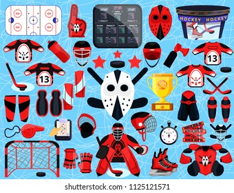 Big hockey sport set. Modern flat cartoons style vector illustration icons. Isolated on ice, blue. Hockey. Hockey equipment. Sport accessories: protection, goalkeeper,skates,fan,gate,cup,wear,gloves.