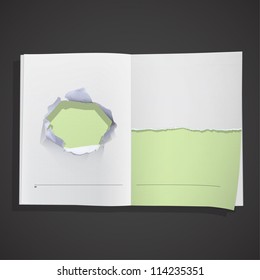 Big hole and break paper inside a book. Vector background design.