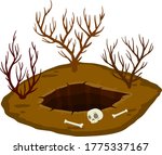 Big hole in ground. Brown dry soil and mine with skull. Human bone. Element of desert landscape. Cartoon illustration