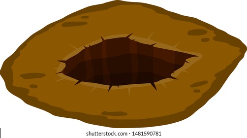 Big hole in ground. Brown dry soil and mine. Element of desert landscape. Cartoon illustration