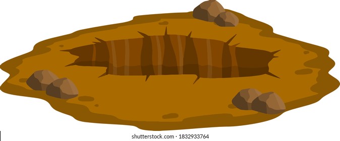 Big Hole In Ground. Brown Dry Soil And Mine. Element Of Desert Landscape. Cartoon Illustration