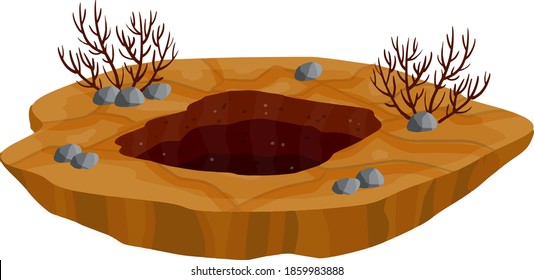 Big hole in ground. Brown dry soil and mine. Element of desert landscape. Cartoon illustration. Dead bush