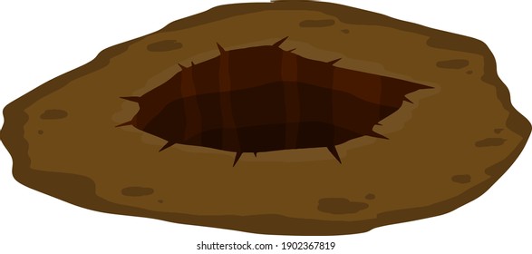 Big hole in ground. Brown dry soil and mine. Element of desert landscape. Cartoon illustration