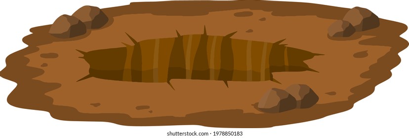 Big Hole In Ground. Brown Dry Soil And Mine. Element Of Desert Landscape. Cartoon Illustration