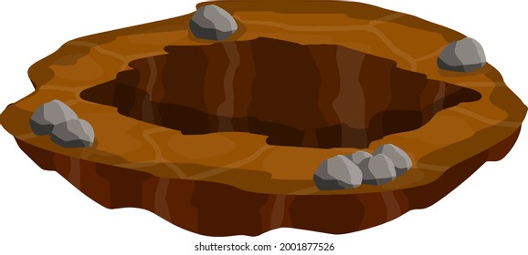 Big hole in ground. Brown dry soil and mine. Element of desert landscape. Cartoon illustration