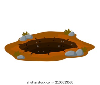 Big hole in ground. Brown dry soil and mine. Element of desert landscape. Cartoon illustration