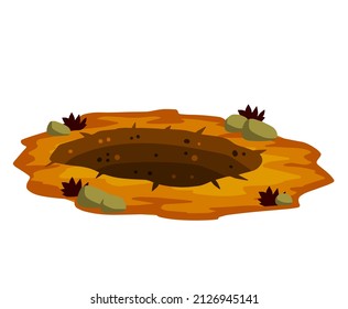 Big hole in ground. Brown dry soil and mine. Element of desert landscape. Cartoon illustration