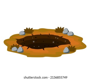 Big hole in ground. Brown dry soil and mine. Element of desert landscape. Cartoon illustration