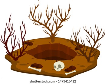 Big hole in ground. Cartoon illustration. Desert of death with dead bushes. Skeleton, stone, bones and human skull. Environment Halloween parties. Cartoon flat illustration. Terrible place