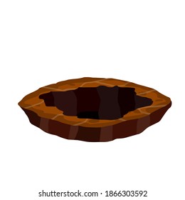 Big hole in ground. Cartoon illustration. Brown dry soil and mine. Element of desert landscape