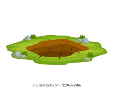 Big hole in ground. Green soil with grass and mine. Element of desert landscape. Cartoon illustration