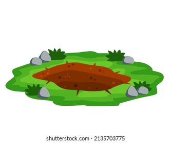 Big Hole In Ground. Green Soil With Grass And Mine. Element Of Desert Landscape. Cartoon Illustration