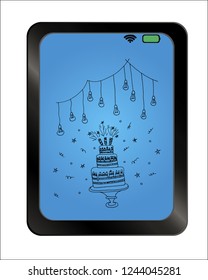Big holiday cake on background plate. Happy Birthday. invitation card to the birthday party with a cake. wedding cake silhouette. Candy bar. Vector hand drawn illustration.