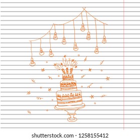 Big holiday cake on copybook background. Happy Birthday. invitation card to the birthday party with a cake. wedding cake silhouette. Candy bar. Vector hand drawn illustration.