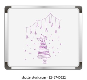 Big holiday cake on flip chart background. Happy Birthday. invitation card to the birthday party with a cake. wedding cake silhouette. Candy bar. Vector hand drawn illustration.