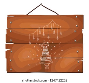 Big holiday cake on wooden plank background. Happy Birthday. invitation card to the birthday party with a cake. wedding cake silhouette. Candy bar. Vector hand drawn illustration.