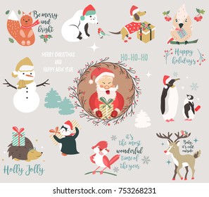 Big holiday set with funny characters and symbols