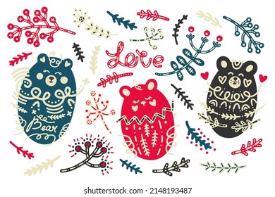 Gran colección vectorial de vacaciones al estilo folclórico escandinavo. Cuadros dibujados con costillas de oso con ornamentos, flores e inscripciones para patrones, carteles, postales, textiles, decoración, interior, vivero