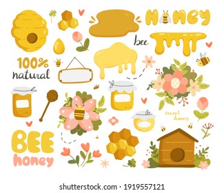 Big honey set with objects in cartoon doodle style isolated on white background. Vector illustration. Honey, bee, beehive, flowers.