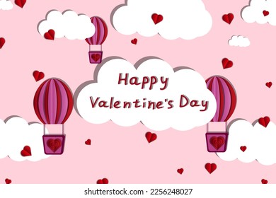 Big horisontal banner with white clouds, viva magenta air balloons and inscription happy valentine's day on pink background in cut out paper style, Valentine concept with heart and aerostat.