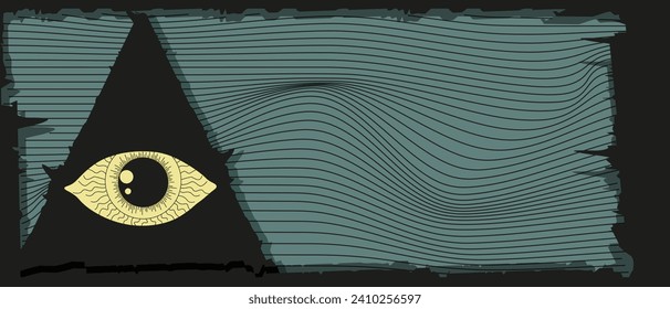 Big horizontal background with trendy Ripped paper sheets frame and Masonic symbol in triangle. Watchful eye on modern Geometric Distorted background. Vector illustration for web and social media 