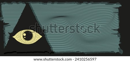 Big horizontal background with trendy Ripped paper sheets frame and Masonic symbol in triangle. Watchful eye on modern Geometric Distorted background. Vector illustration for web and social media 