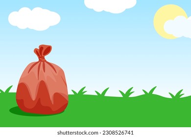 Big horizontal banner with bag on the green grass and blue sky background. Holiday banner with Copy space. Bag of gifts. Vector illustration.